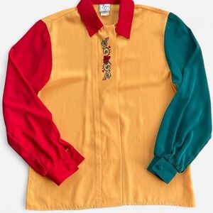 Vintage Eva Polyester Color Block Blouse Red Yellow Green with Embroidered Rose